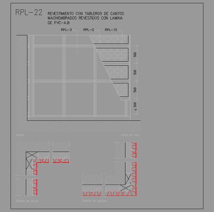 Bloque Autocad Revestimiento con tableros de cantos machihembrados revestidos con lamina de PVC